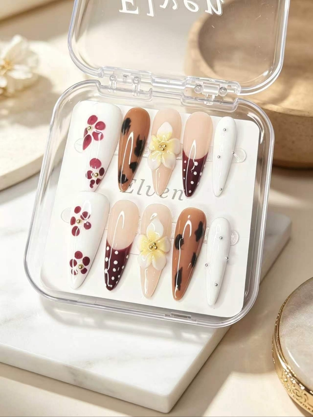 White Brown Pink  Floral & Polka Dot Stiletto Handmade Press On Nails